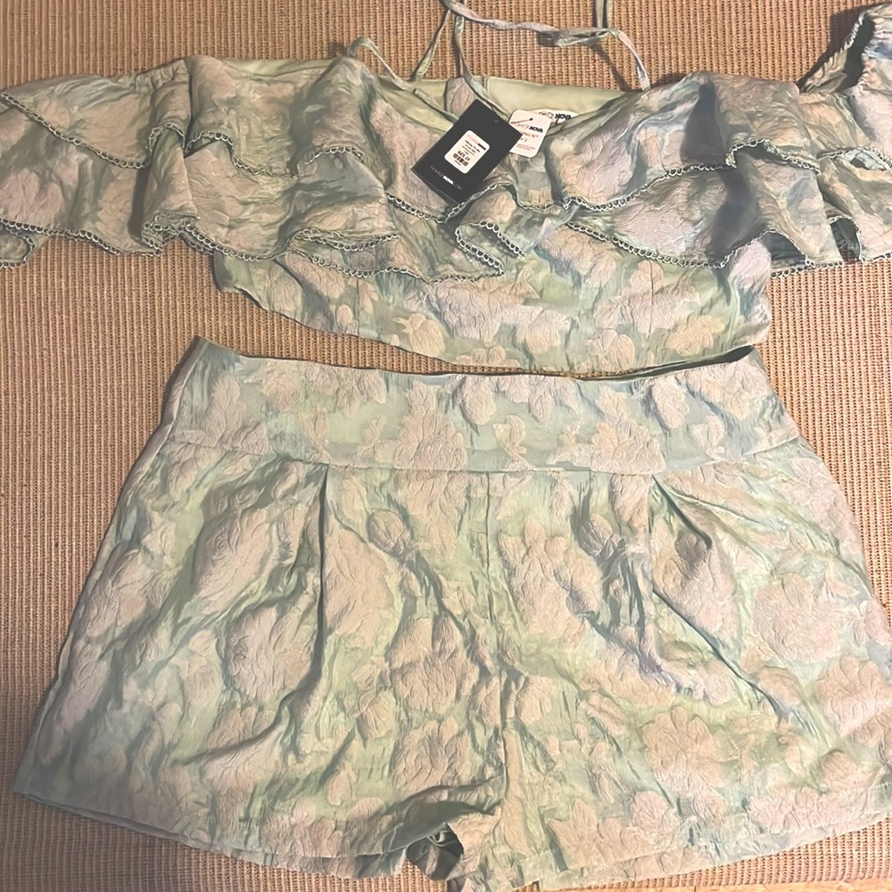 Fashion Nova Pastel Green Blue Two-Piece Ruffle Crop Top & Shorts Set